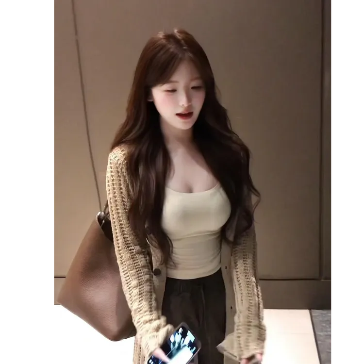 2025秋季新款纯欲性感背心镂空慵懒开衫女宽松显瘦阔腿长裤三件套