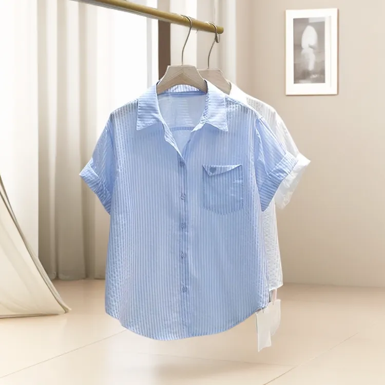 设计感小众条纹衬衫女2025夏季新款宽松大码遮肚子显瘦小个子衬衣