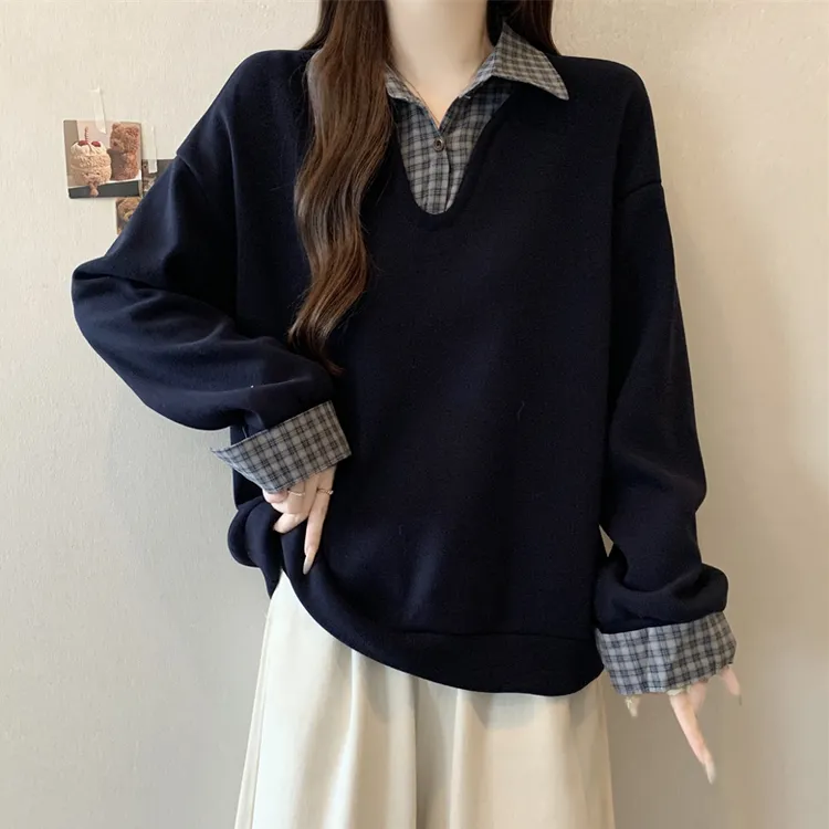 大码假两件POLO领格子拼接加绒卫衣女秋冬微胖MM宽松显瘦洋气上衣