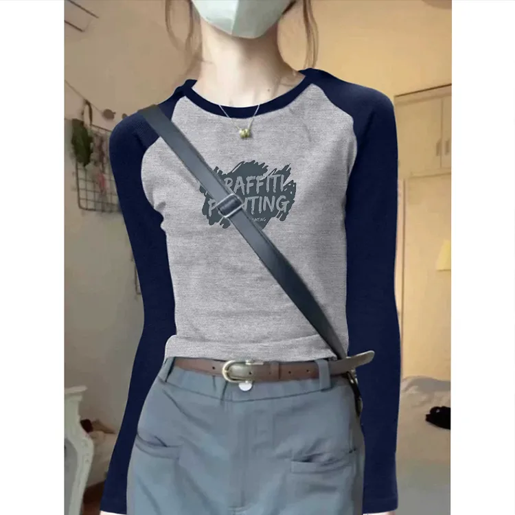 长袖打底春秋2025新款T恤女长袖拼接上衣打底插肩袖紧身短款体恤