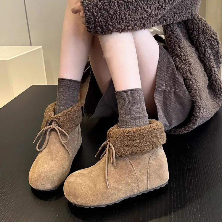 4CM内增高磨砂皮加绒两穿翻边雪地靴女2025新款冬季保暖短靴棉靴