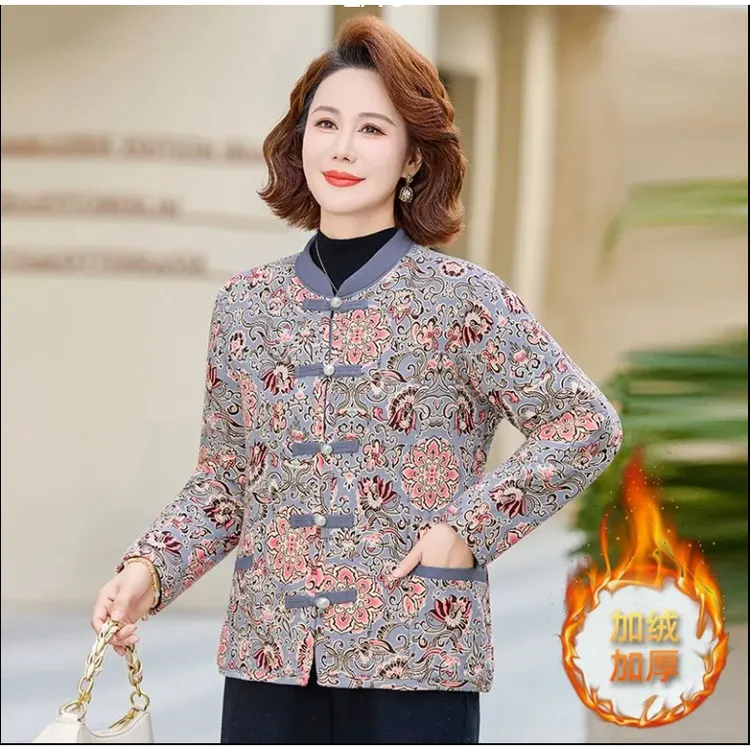 中老年新款后背加绒棉衣棉服冬季保暖加厚碎花外套奶奶高档棉袄