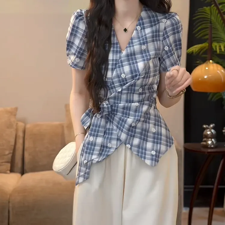 【雾蓝海岸】夏季复古小众设计感蓝色格子衬衫