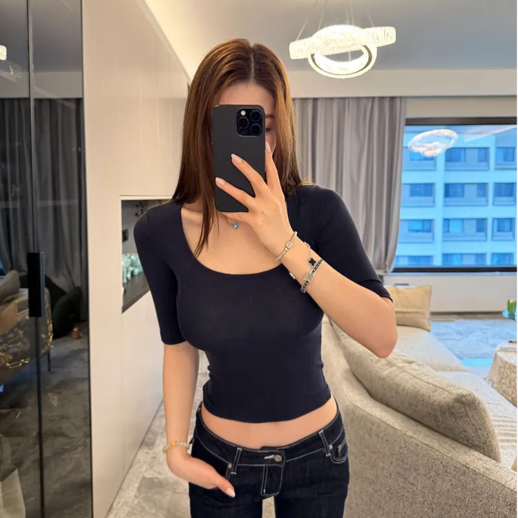 好版型！低胸chao舒服透气大U领t恤女修身显瘦百搭半袖弹力上衣女