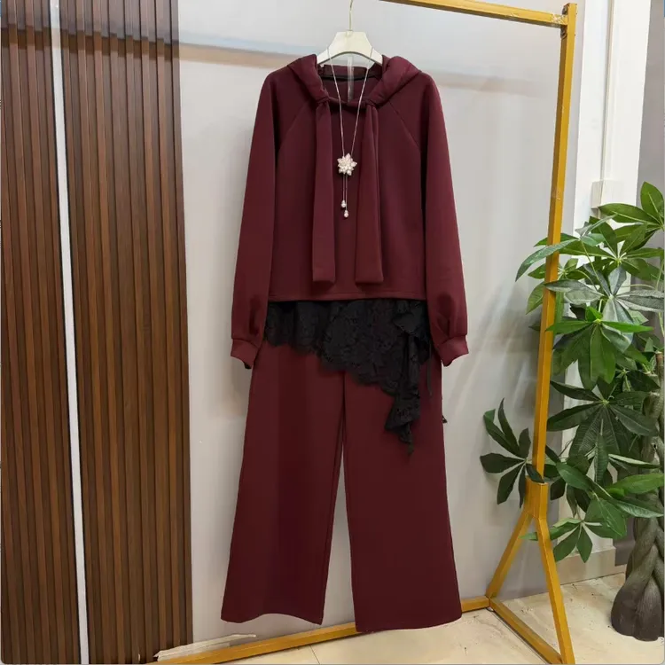 早秋新款时尚洋气纯色气质连帽卫衣十阔腿裤十蕾丝裙搭三件套套装