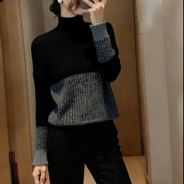 2025冬季新款女装高领拼色设计感加厚坑条针织毛衣宽松长袖打底衫