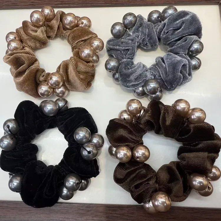 韩国丝绒黑色大肠发圈女法式高级感珠珠扎马尾丸子头发绳秋冬新款