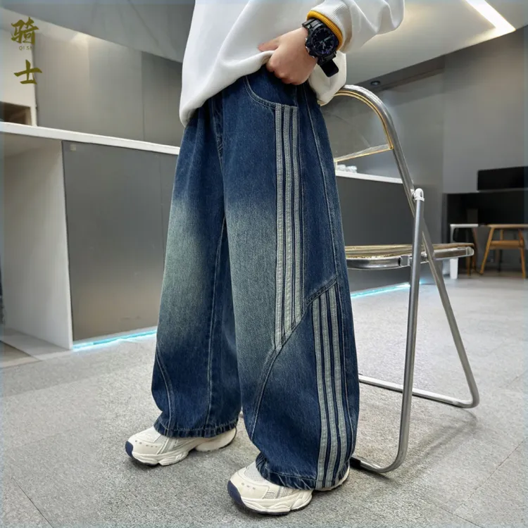 男童蓝色休闲软牛仔裤春秋宽松透气做旧织带拼接儿童潮酷痞帅童装