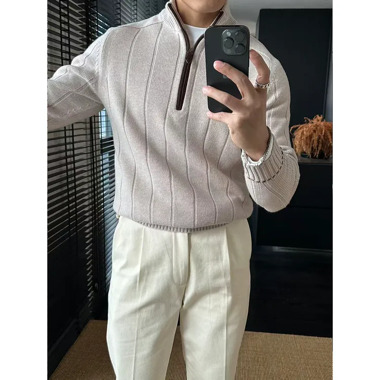 DAN LANG 489#羊毛立领半拉链羊皮镶边坑条组织毛衣外套