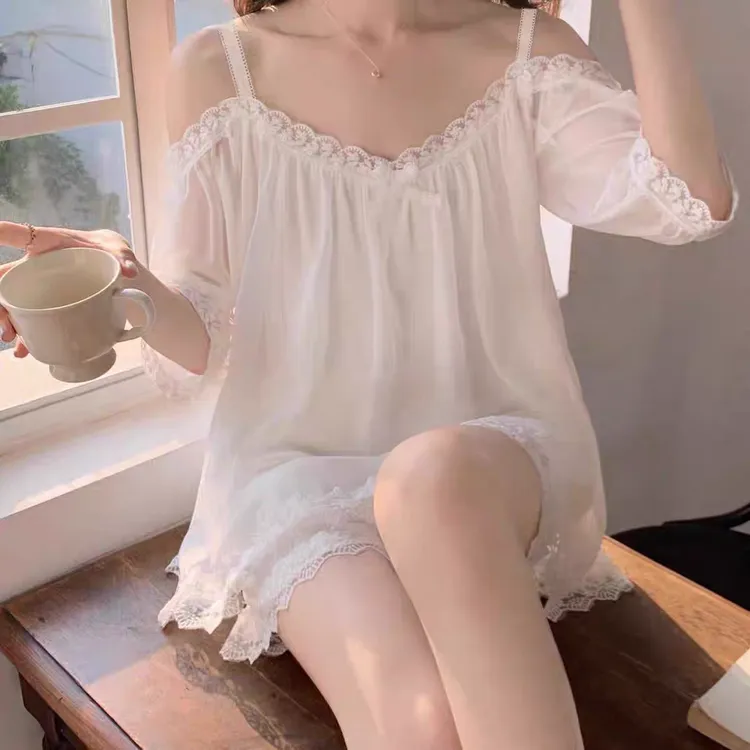 2025大码160斤夏季薄款双层一字肩纯欲公主风宫廷风睡衣二件套装