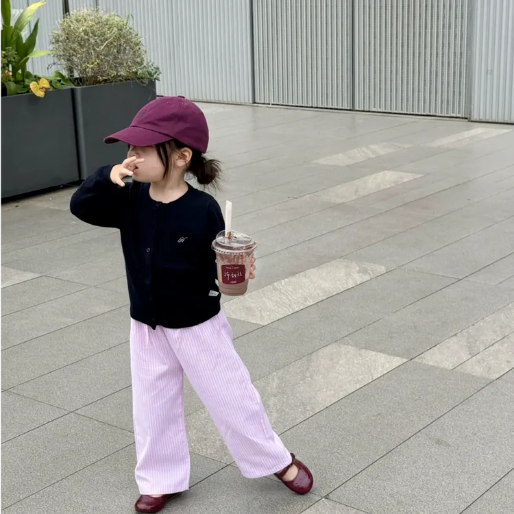 壹妈时髦百搭韩版修身针织衫长袖毛衣女童秋季粉色条纹裤两件套