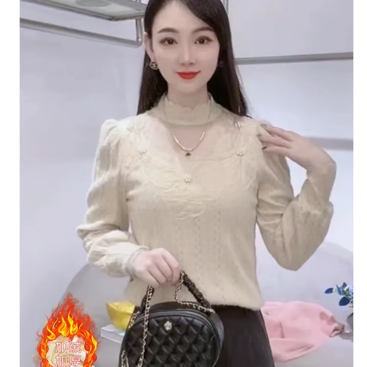 时尚法式蕾丝衫长袖打底衫女冬季新款加绒半高领网纱花朵上衣内搭