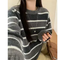 松弛感经典条纹厚羊毛圆领复古毛衣韩系慵懒宽松显瘦针织衫上衣女