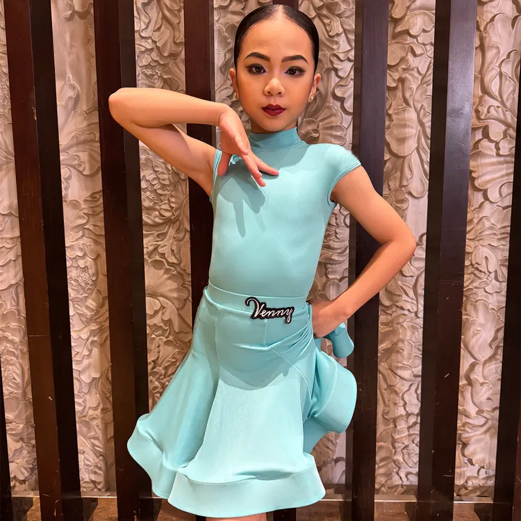 薇妮舞美拉丁舞服新款比赛服分体短袖高领规定服女儿童国标赛服
