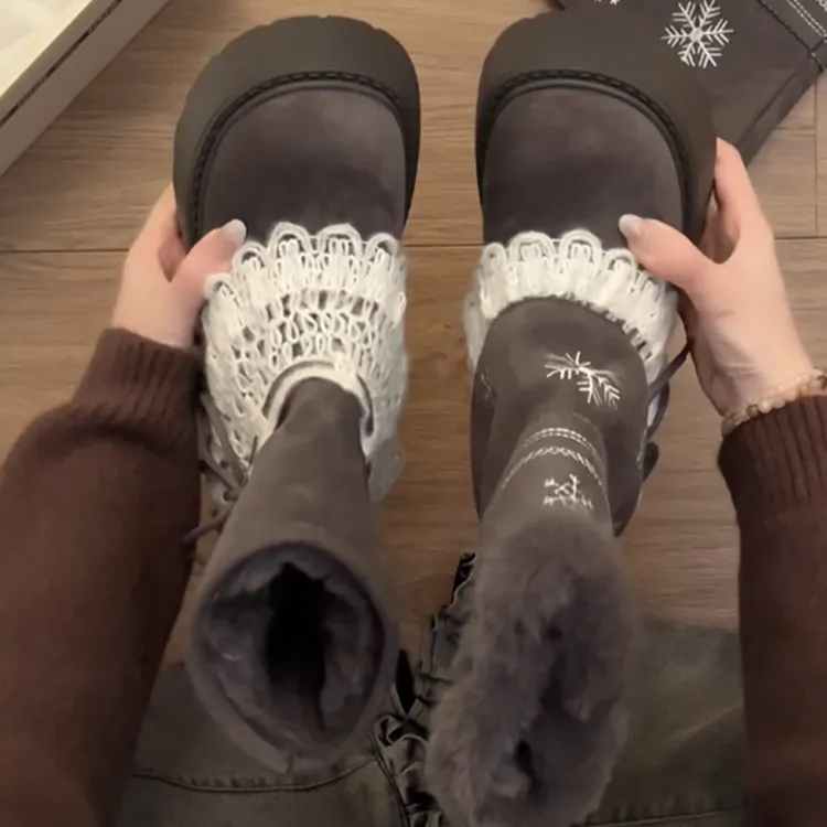 南在南方复古网红费尔岛防滑雪地靴女2025新款冬季加绒毛毛棉鞋子