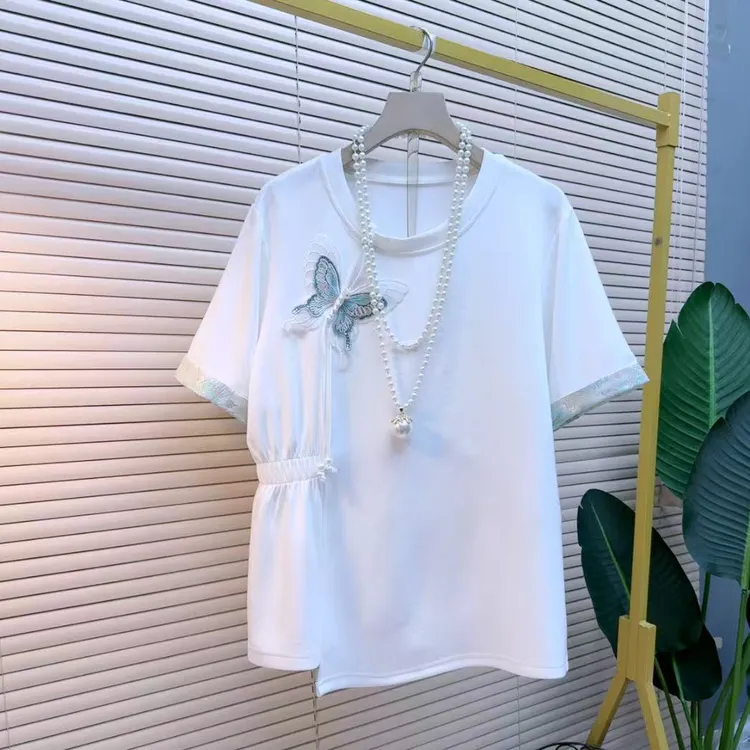 胖妹妹时尚气质显肉复古国风宽松百韩版627洋气设计感潮流半袖