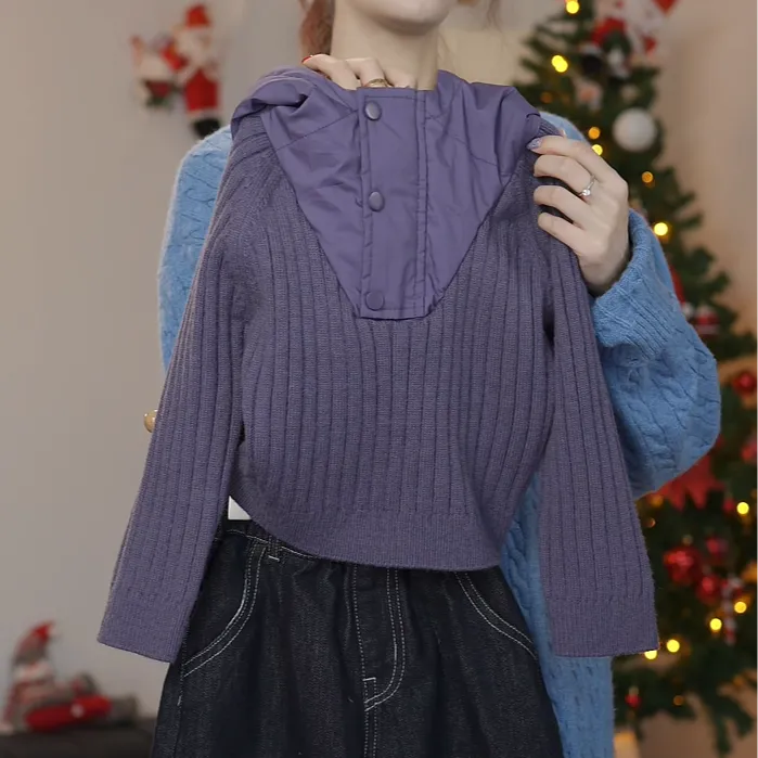 【现货】儿童纯色韩版拼接连帽长袖毛衣针织衫打底衫休闲上衣套头