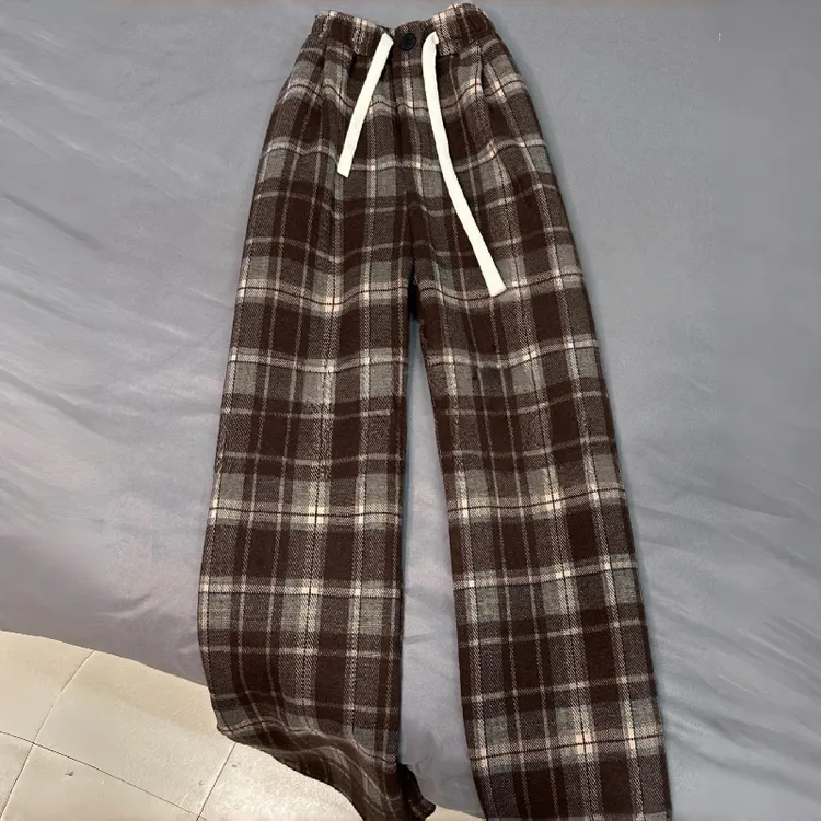 180高个子175加长加长版复古咖色加绒格子裤女宽松垂感阔腿拖地裤