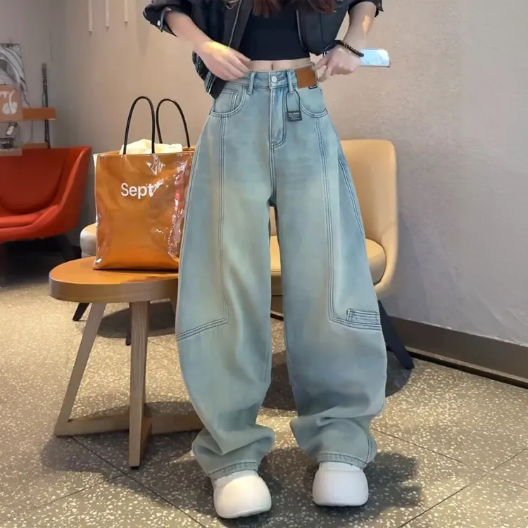 加绒加厚水洗弯刀牛仔裤女秋冬季新款大码胖mm宽松显瘦百搭阔腿裤