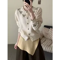 【米白色】蝴蝶结波浪领上衣女显瘦毛衣秋季宽松圆领针织开衫