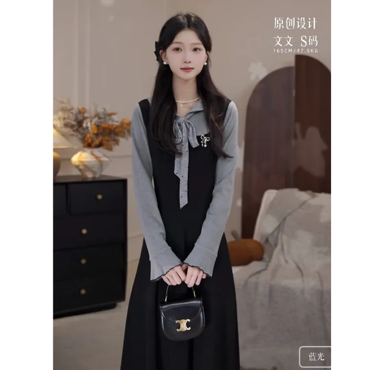 鹿向南「巴黎记事」黑色连衣裙气质复古法式秋冬收腰拼接长袖连衣裙