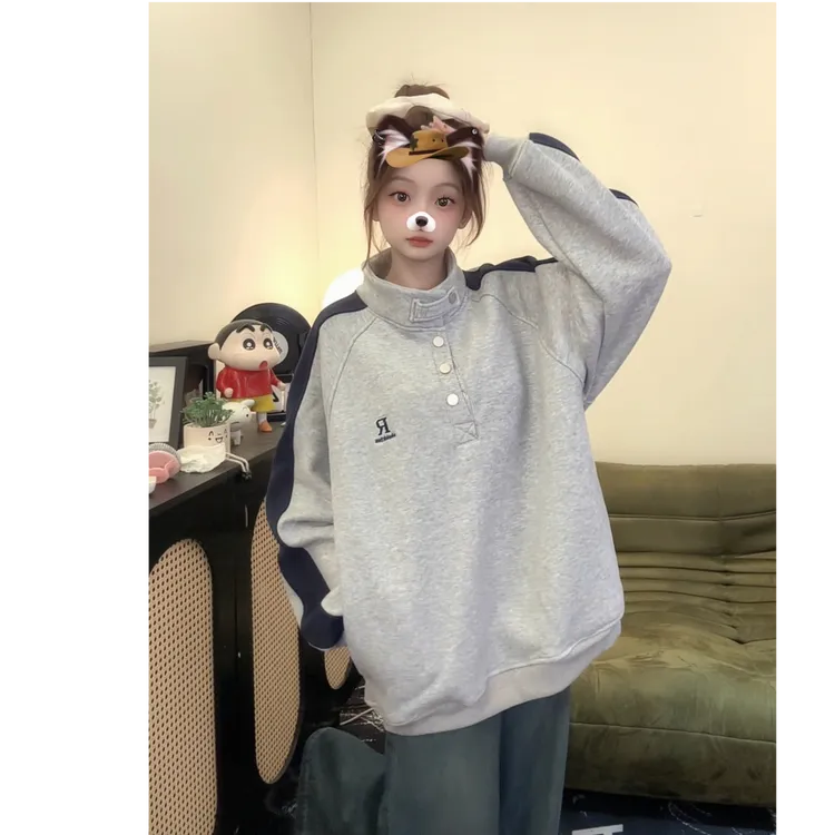 【帝韵】日系复古撞色卫衣外套女春秋情侣立领加绒加厚宽松长袖上衣