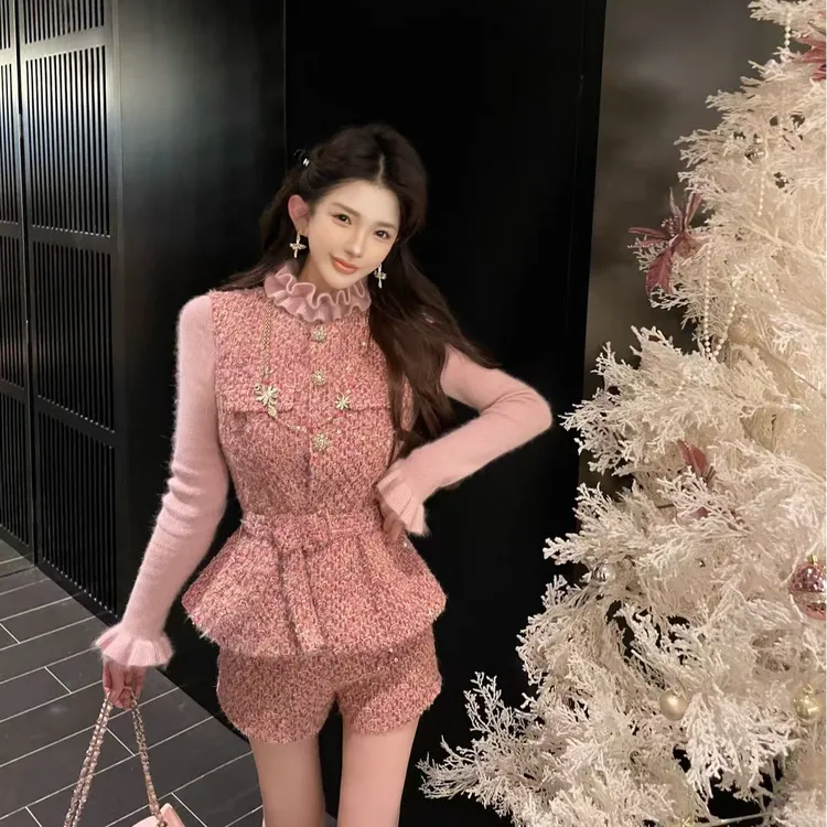  GUIDI GUDI【甜橘橘】气质小香风金丝珠片马甲短款套装  