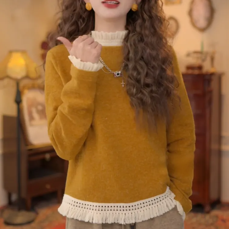 【暖釉生辉】秋冬显瘦港风复古拼接针织百搭T恤打底上衣LK2508340