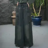 JJ【加绒】磨毛阔腿裤无弹磨白松紧女牛仔裤设计师时尚复古牛仔裤