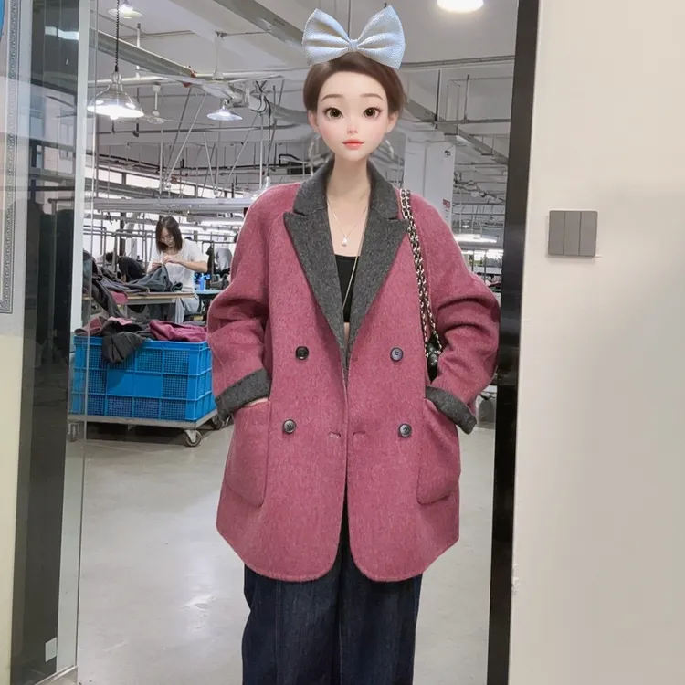 【HUIYING】秋冬宽松中长款西装领双色穿羊毛大衣设计韩版网红