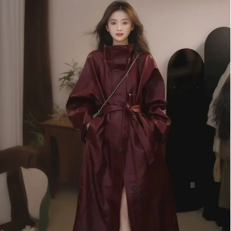 高级感立领pu皮衣外套中长款女2025秋冬气质系带复古红色风衣大衣