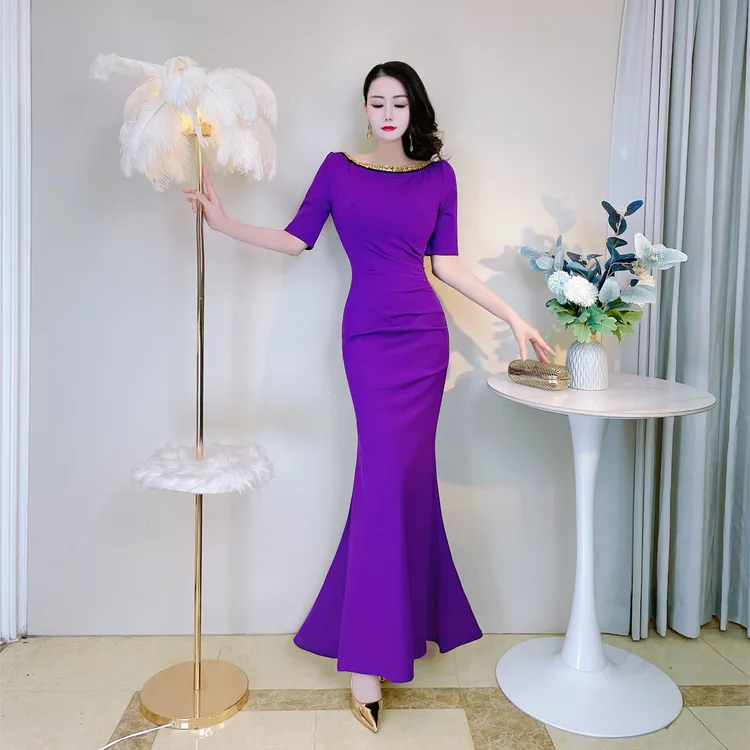 夏季优雅气质纯色圆领鱼尾长裙修身显瘦短袖收腰遮肚包臀连衣裙