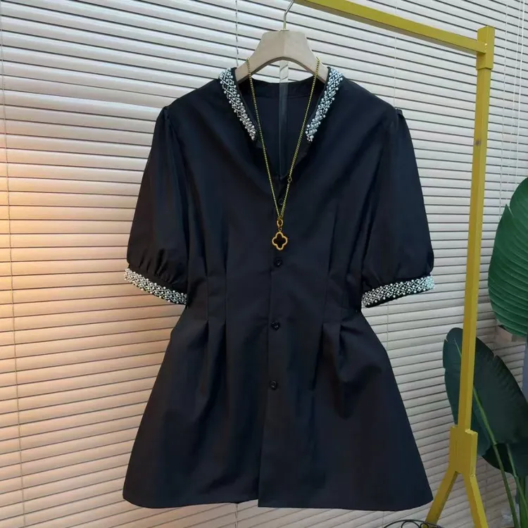 胖妹妹时尚气质法式韩版重工钉珠百搭635名媛轻奢设计感半袖