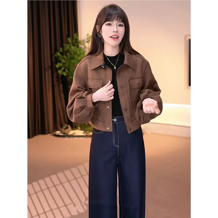 皮绒外套女短款秋季新款韩版复古宽松高级感小个子夹克上衣