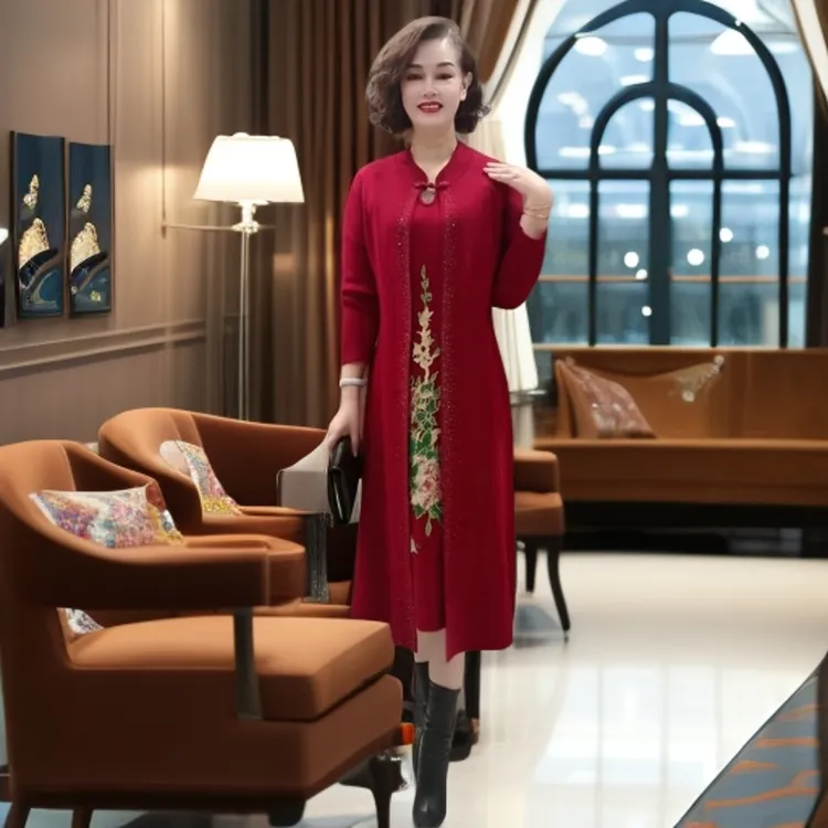 916中年秋冬宽松大码绣花两件妈妈连衣裙毛衣长款针织婆婆红色假