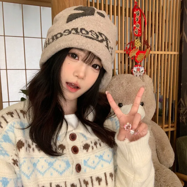 panruoyue韩版字母针织堆堆帽女2025新款高级感百搭显脸小冷帽