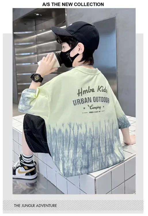 新款男夏季圆领纯棉短袖字母T恤潮酷渐变半袖运动哪吒卫衣儿童