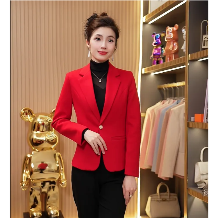 毛呢外套女短款红色西装外套小个子修身气质时尚休闲西服