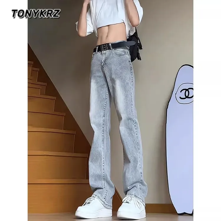 TONYKRZ烟灰色牛仔裤男款潮牌修身窄版直筒裤美式高街微喇长裤子