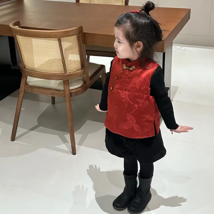 壹妈童装女童汉服拜年服秋冬儿童国风中式过年战袍红色马甲新年服