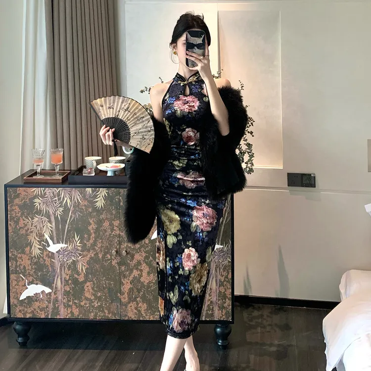 新中式无袖旗袍金丝绒印花显瘦开叉性感修身百搭包臀连衣裙女秋季