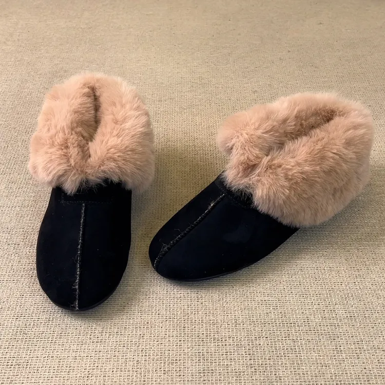 RubyL/3.5cm秋冬保暖磨砂百搭舒适一脚蹬圆头内增高翻边毛毛单鞋