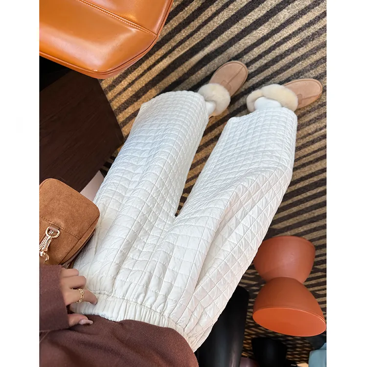 设计感菱格夹棉阔腿休闲裤女2025秋冬款小个子加厚保暖八分奶奶裤