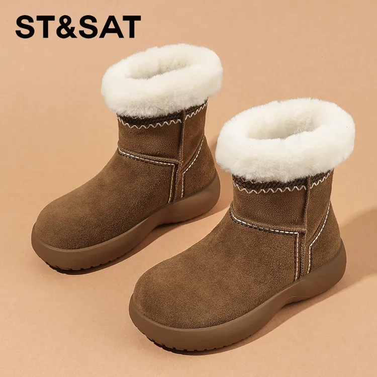 星期六真皮厚底雪地靴女2025爆款冬季加绒加厚短靴皮毛一体大棉鞋