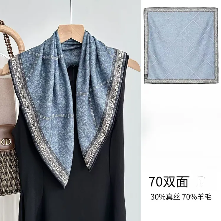 真丝羊毛双面复古蓝色佩斯利腰果60方巾女士丝巾围巾防晒披肩外搭