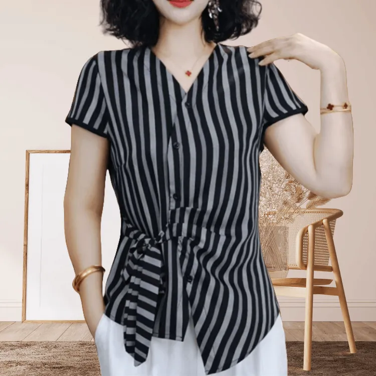 新款不规则条纹系带V领短袖上衣女夏时尚减龄T恤洋气显瘦百搭小衫