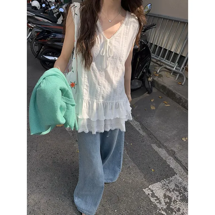 2025夏季时尚蕾丝蛋糕下摆无袖背心裙宽松显瘦百搭气质上衣女z515