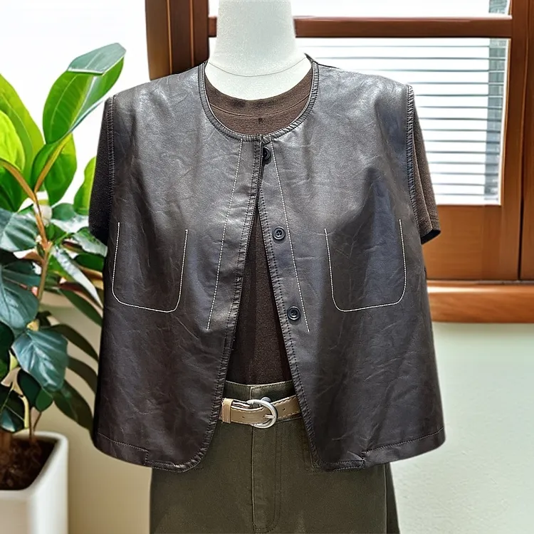 设计感洋气单排扣圆领pu皮衣马甲外套女春秋季短款无袖马夹背心