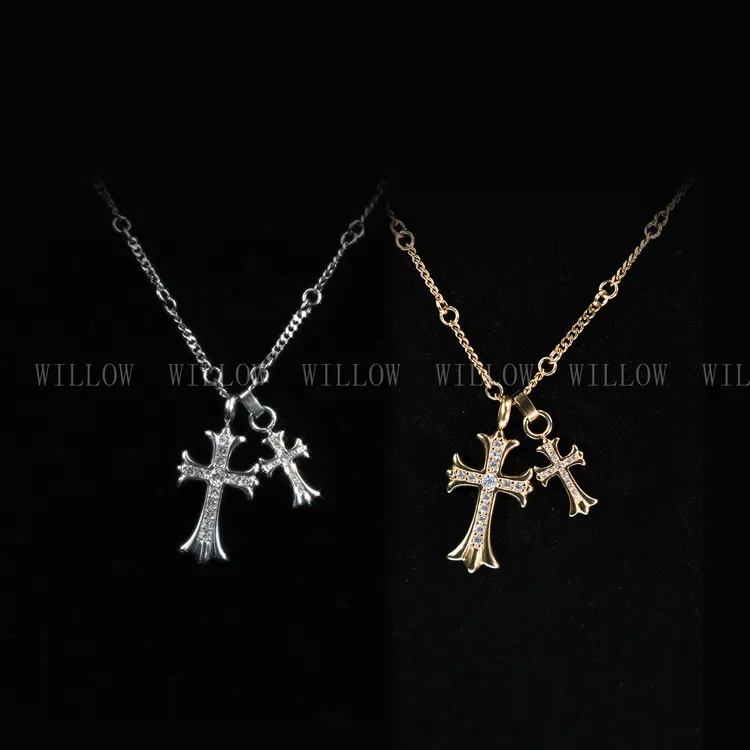 钛钢项链 彩钻双十字架项链满锆轻奢潮流ins百搭男女气质情侣项链