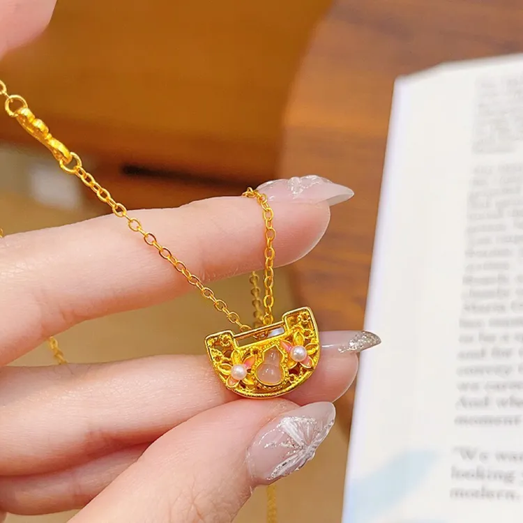 铜合金项链 【镂空凤华桃桃豆蔻项链】葫芦镂空灵动锁包包坠链可爱